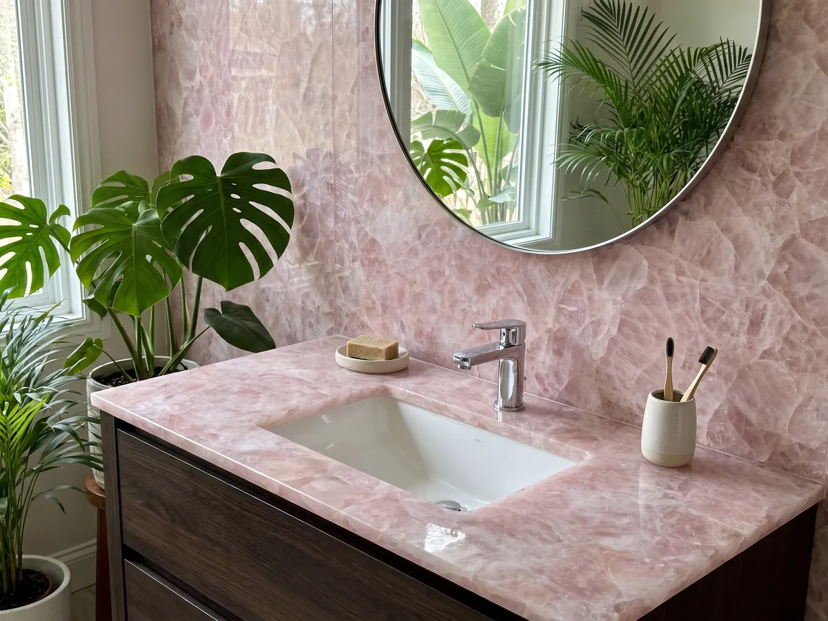 Vanity top and bathroom wall in rose quartz with a white sink and chrome fixtures: glassy pale pink with whiter fragments
