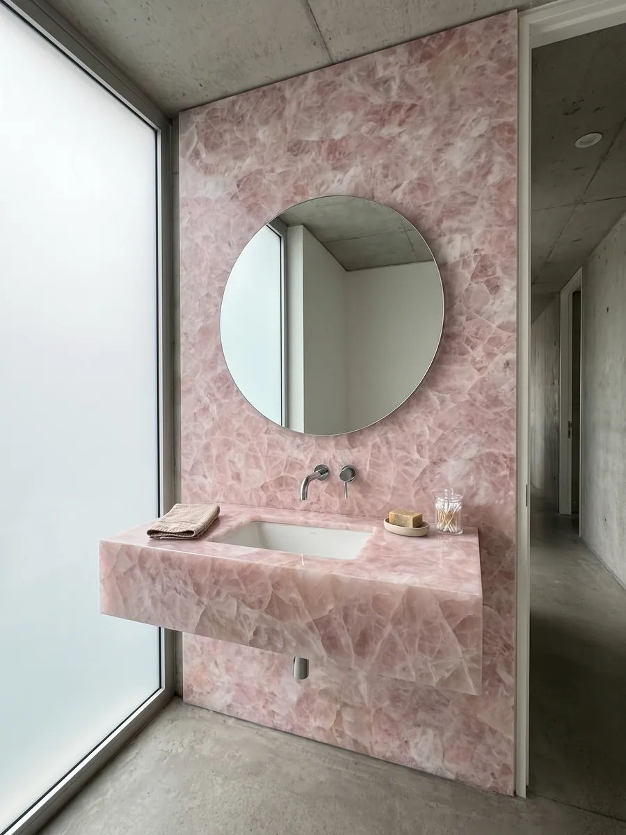 Guest bathroom with a rose quartz wall and floating vanity under a round mirror: glassy pale pink with whiter fragments