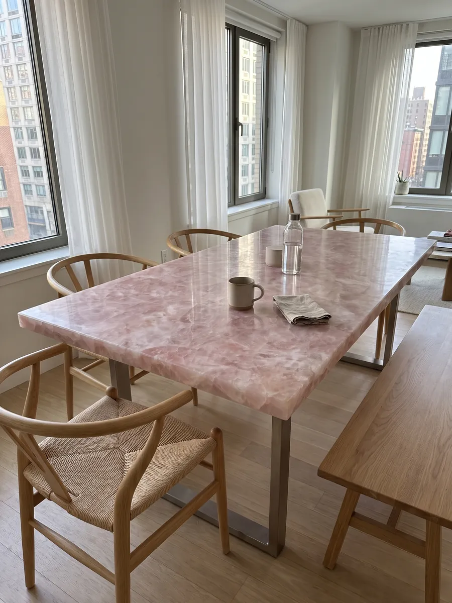 Dining table with a rose quartz top on a steel base: glassy pale pink with whiter fragments