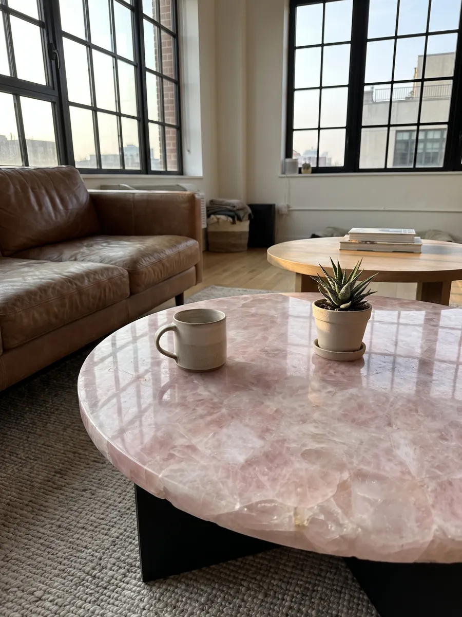 Coffee table with a rose quartz top in a living room: glassy pale pink with whiter fragments