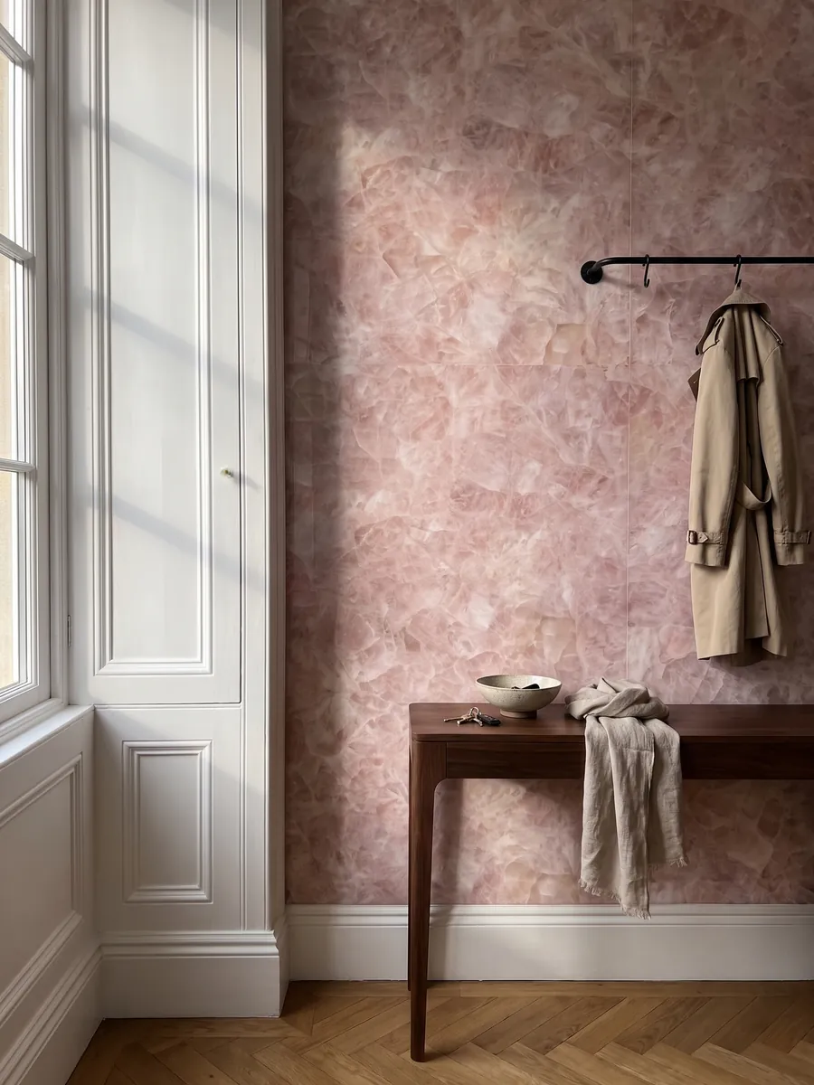 Entryway wall clad in rose quartz with a narrow console: glassy pale pink with whiter fragments