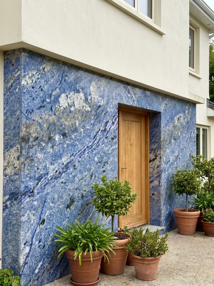 House facade clad in Azul Bahia Granite next to a wooden door: deep granular blue with white areas and dark patches