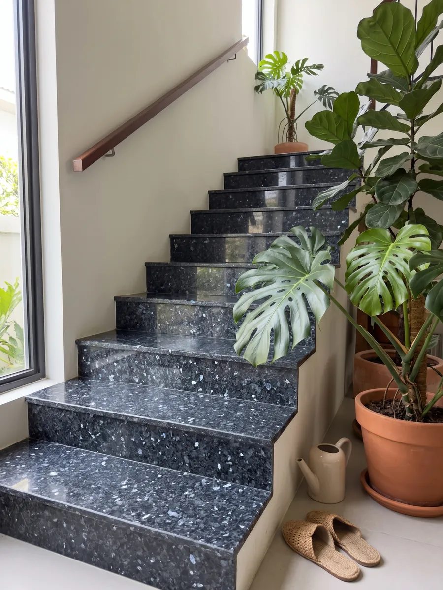 Interior staircase with Blue Pearl granite steps and a handrail: near-black blue-gray with crystals that glint silvery blue
