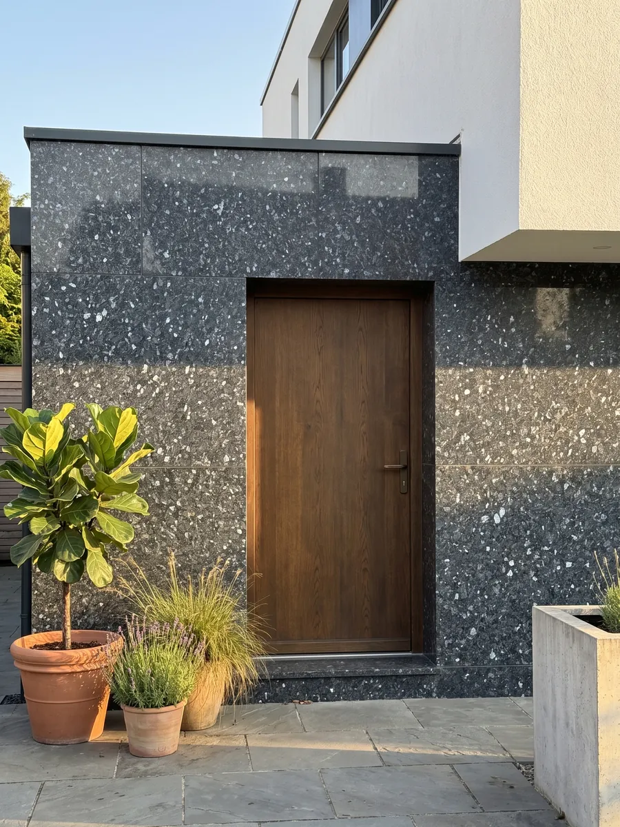 House facade clad in Blue Pearl granite next to a wood door: near-black blue-gray with crystals that glint silvery blue