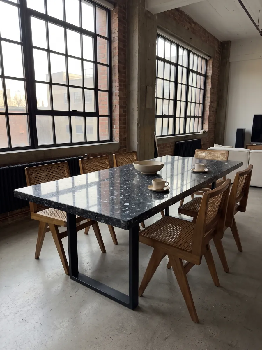 Dining table with a Blue Pearl granite top on a steel base: near-black blue-gray with crystals that glint silvery blue