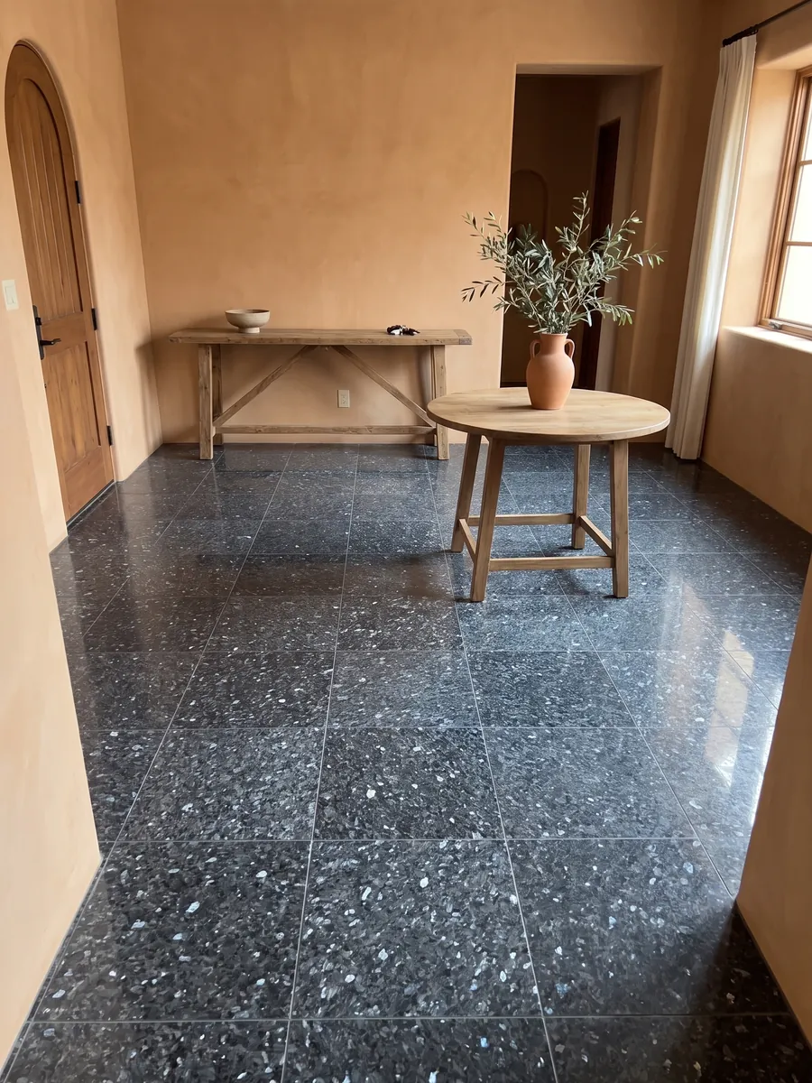 Entryway floor in large Blue Pearl granite slabs with natural light: near-black blue-gray with crystals that glint silvery blue