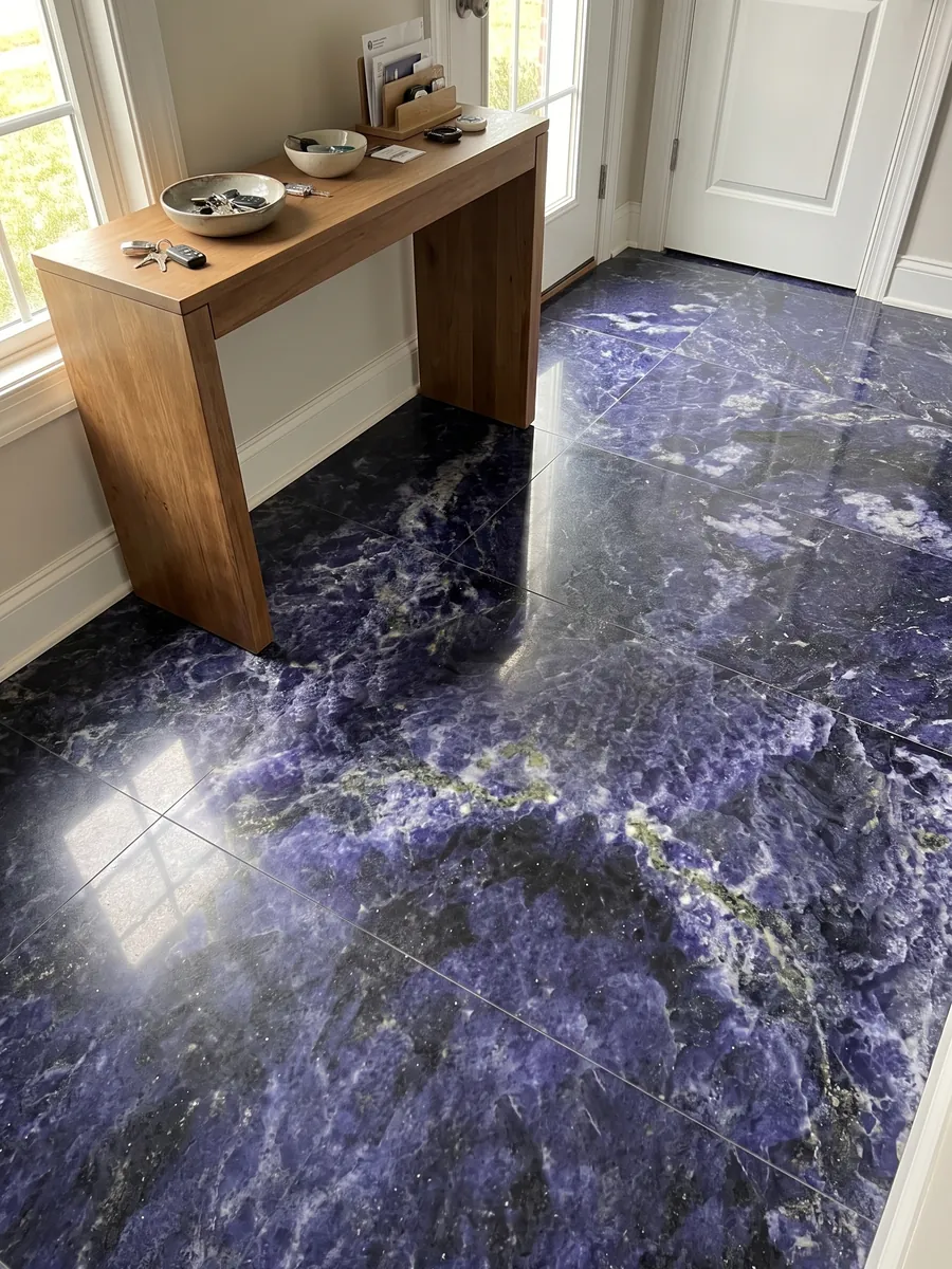 Entryway floor in large Jeriba Blue granite slabs with natural light: intense violet blue with white clouds and a golden green line