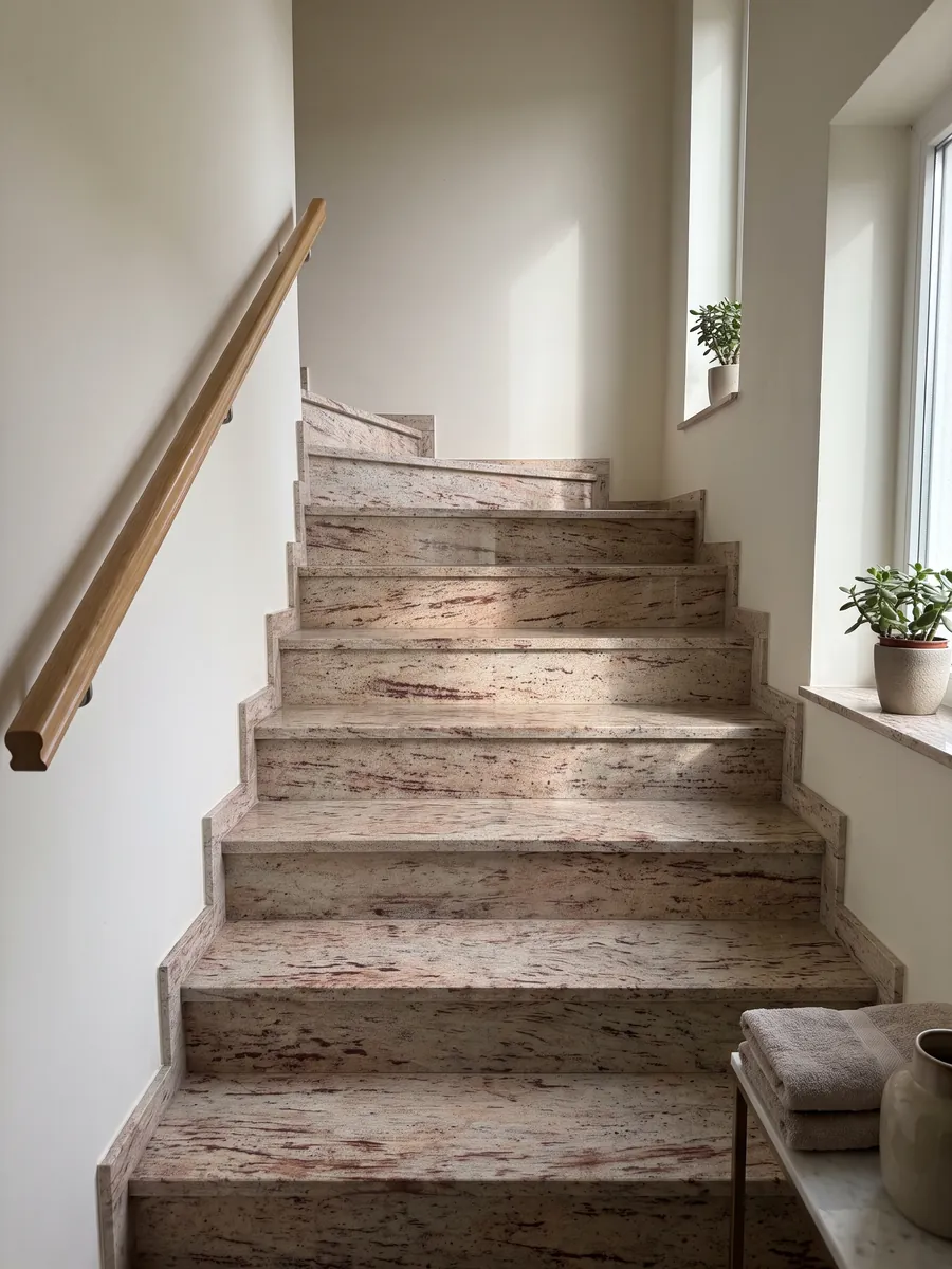 Indoor staircase with Ivory Brown beige granite steps and a handrail: ivory with reddish and burgundy horizontal strokes