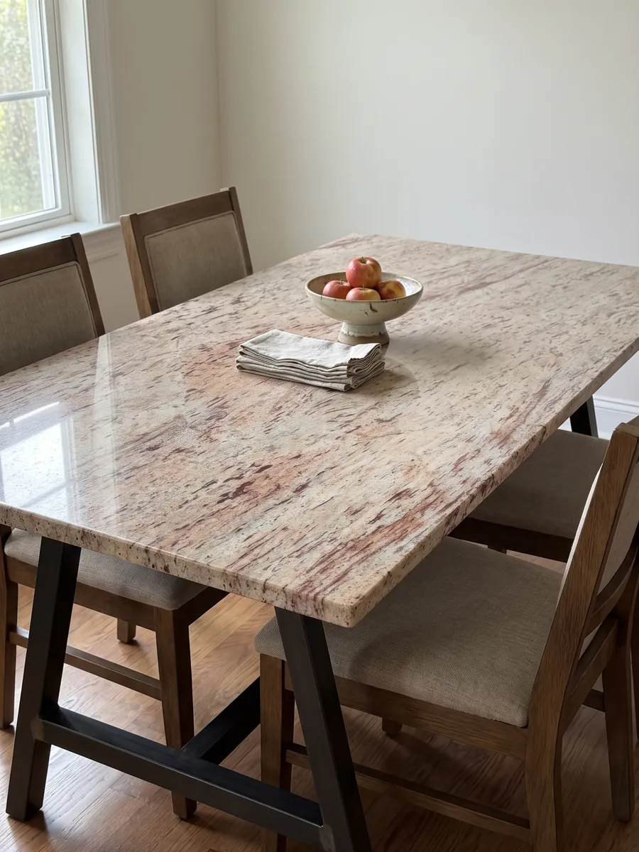 Dining table with an Ivory Brown beige granite top on a steel base: ivory with reddish and burgundy horizontal strokes