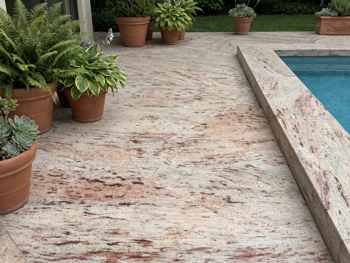 Terrace floor and pool coping in Ivory Brown beige granite with planters: ivory with reddish and burgundy horizontal strokes