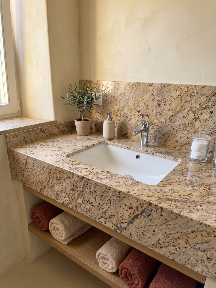 Vanity top and bathroom wall in beige Santa Cecilia granite with a white sink and chrome faucets: golden beige with burgundy blotches and gold and dark gray veining