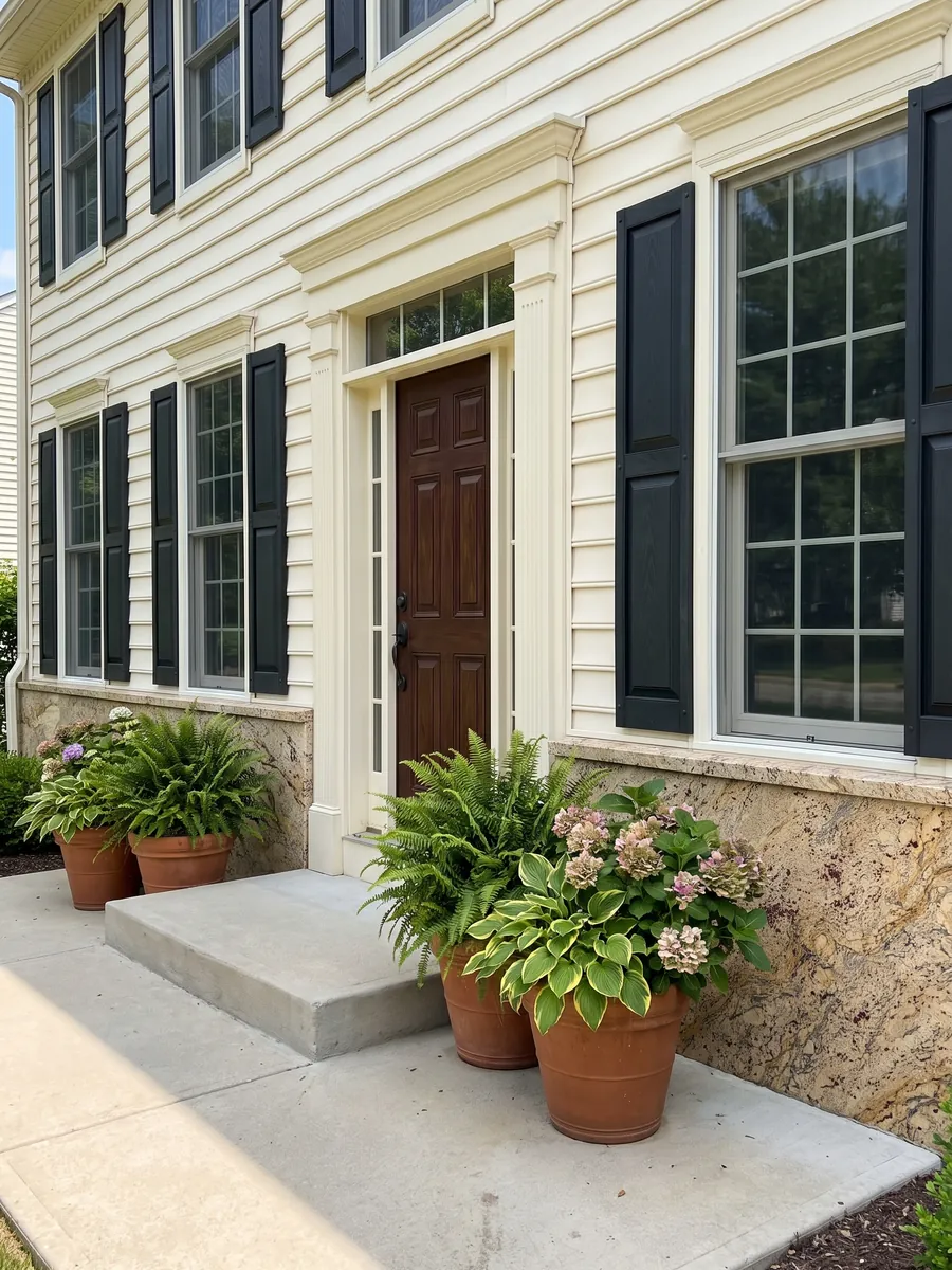House facade clad in beige Santa Cecilia granite next to a wood door: golden beige with burgundy blotches and gold and dark gray veining