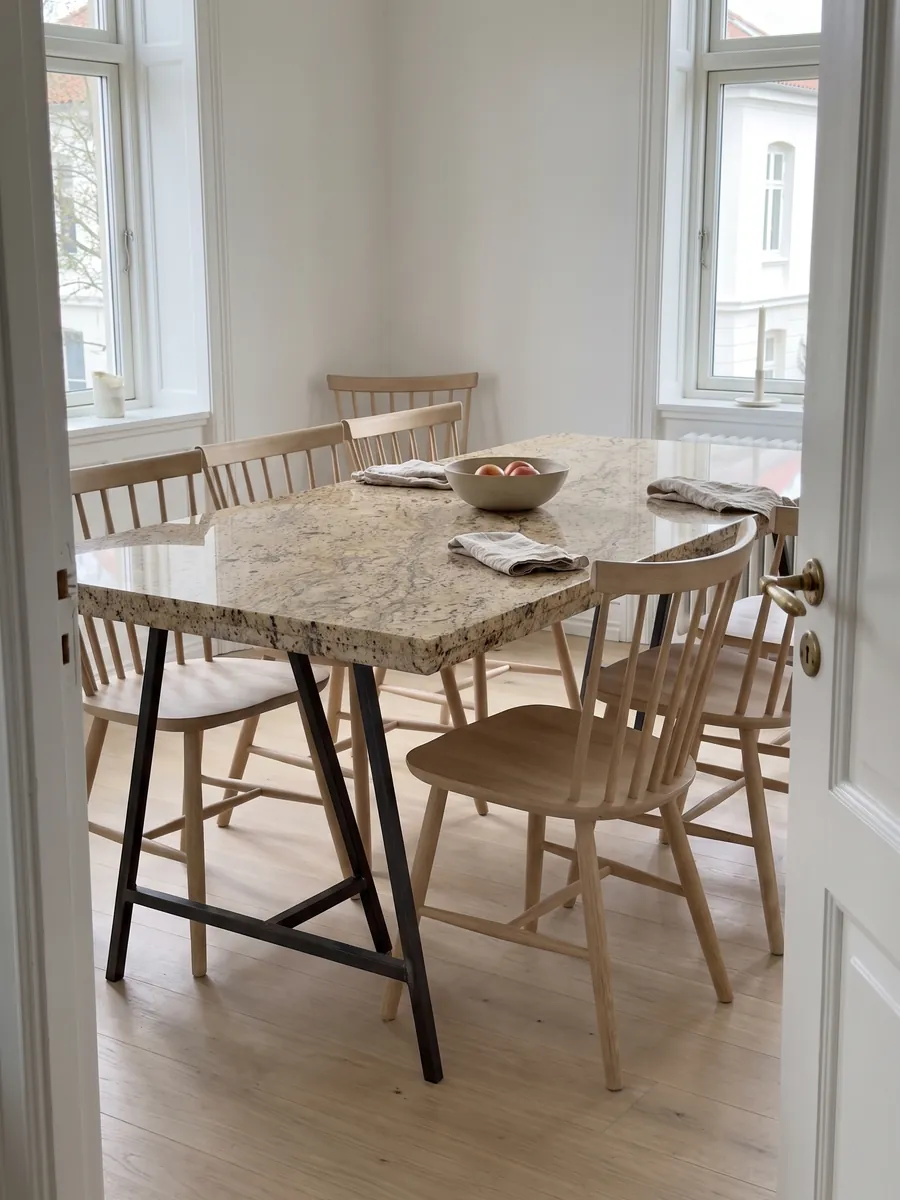 Dining table with a beige Santa Cecilia granite top on a steel base: golden beige with burgundy blotches and gold and dark gray veining