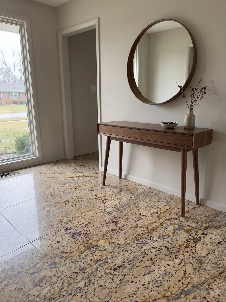 Entryway floor in large beige Santa Cecilia granite slabs with natural light: golden beige with burgundy blotches and gold and dark gray veining