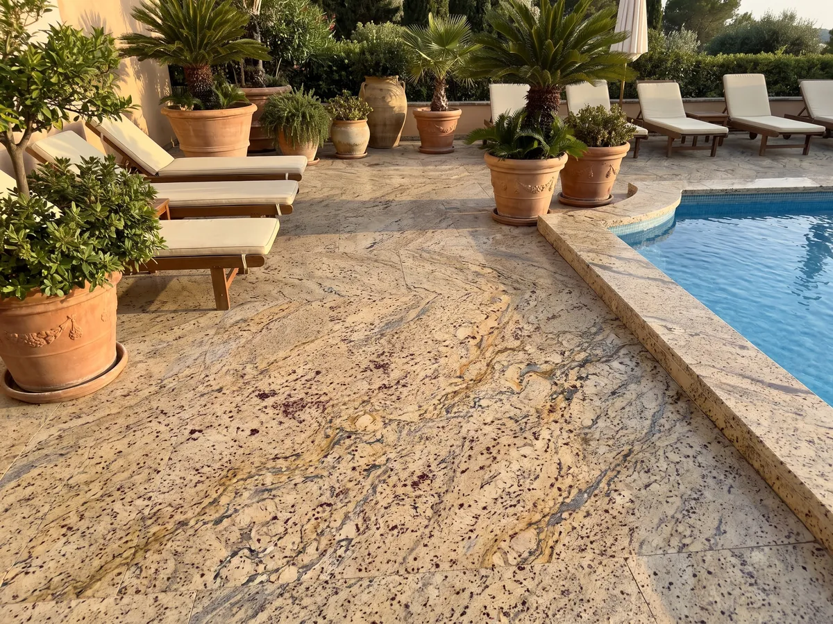 Terrace floor and pool coping in beige Santa Cecilia granite with planters: golden beige with burgundy blotches and gold and dark gray veining