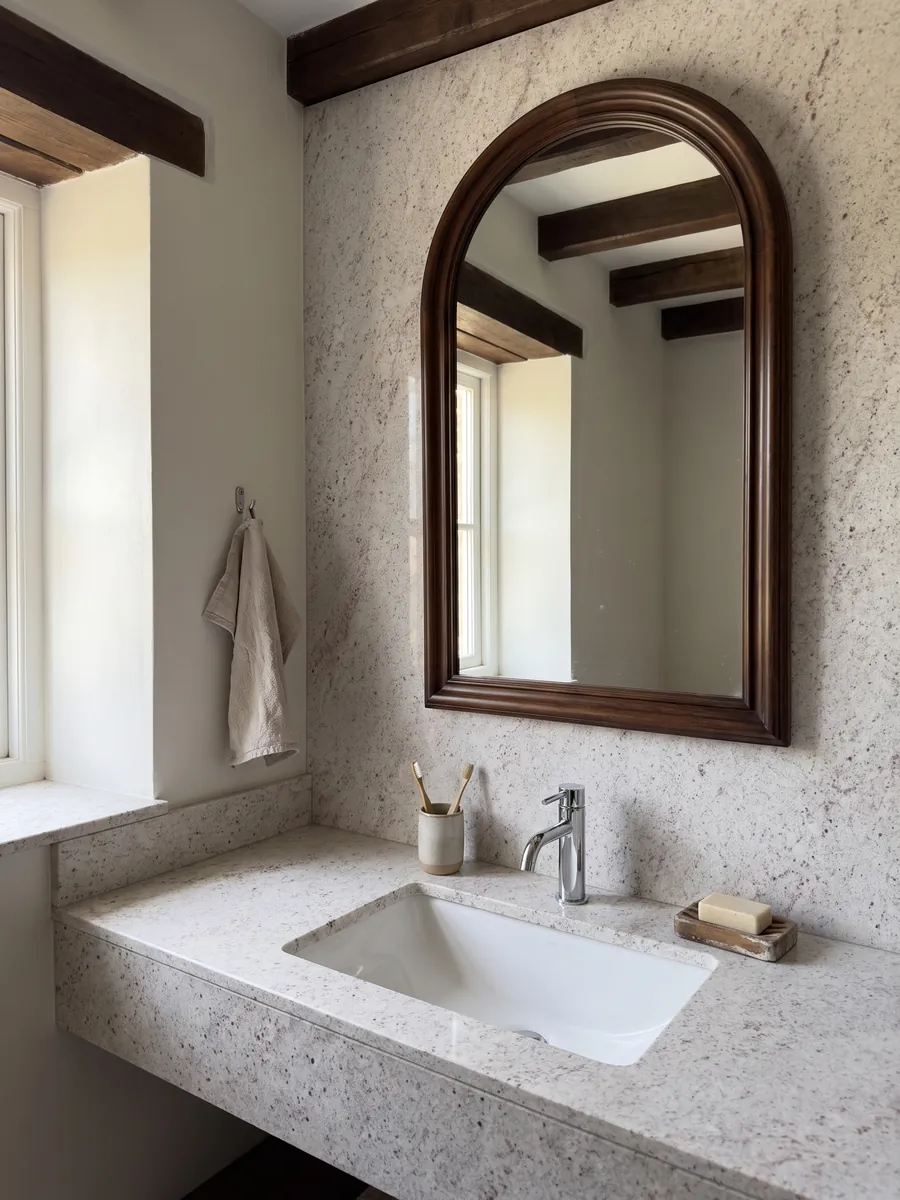 Vanity top and bathroom wall in white Branco Siena granite with a white sink and chrome faucets: white with fine pink and gray speckling