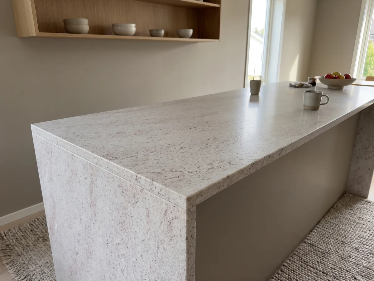 Kitchen island with a Branco Siena granite countertop and a straight edge in a kitchen with natural light: white with fine pink and gray speckling
