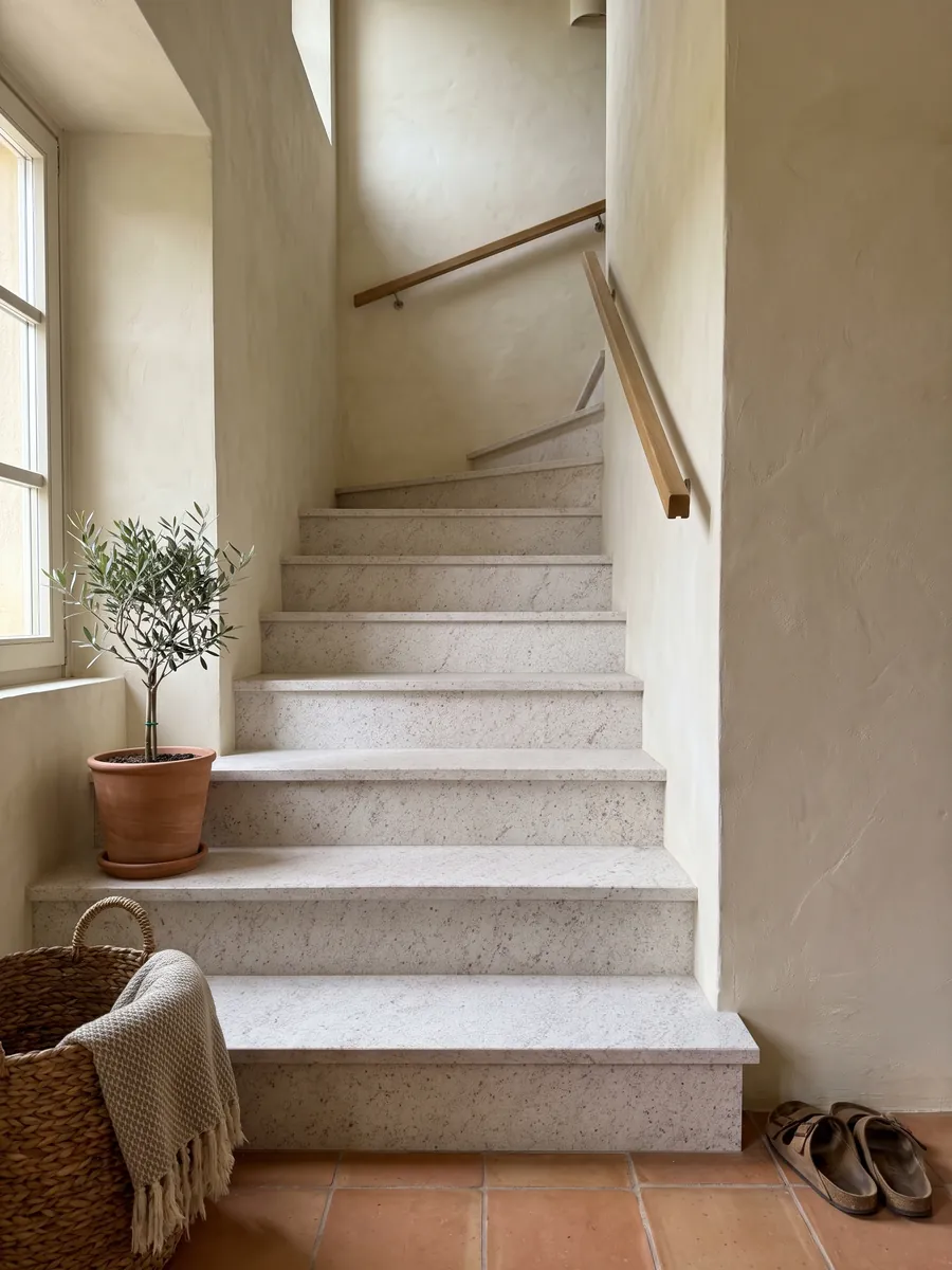 Interior staircase with white Branco Siena granite steps and a handrail: white with fine pink and gray speckling