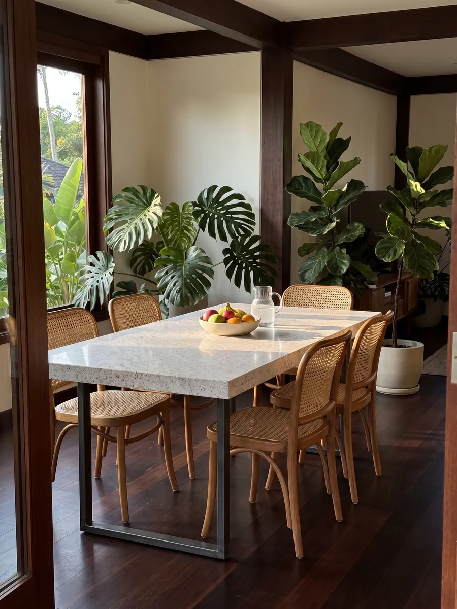 Dining table with a white Branco Siena granite top on a steel base: white with fine pink and gray speckling