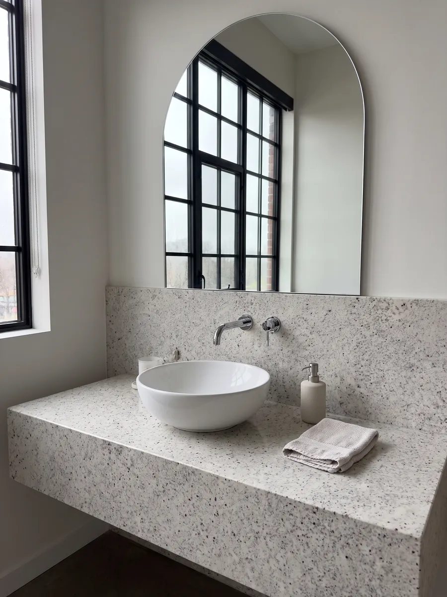 Bathroom vanity top and wall in Blanco Dallas granite with a white sink and chrome faucets: creamy white with fine gray speckling and small burgundy dots