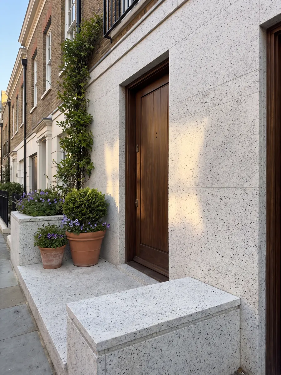House facade clad in Blanco Dallas granite next to a wood door: creamy white with fine gray speckling and small burgundy dots