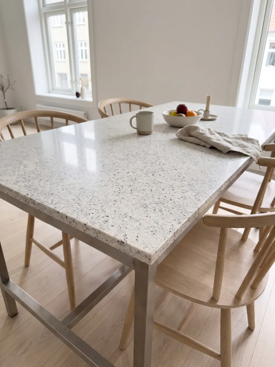 Dining table with a Blanco Dallas granite top on a steel base: creamy white with fine gray speckling and small burgundy dots