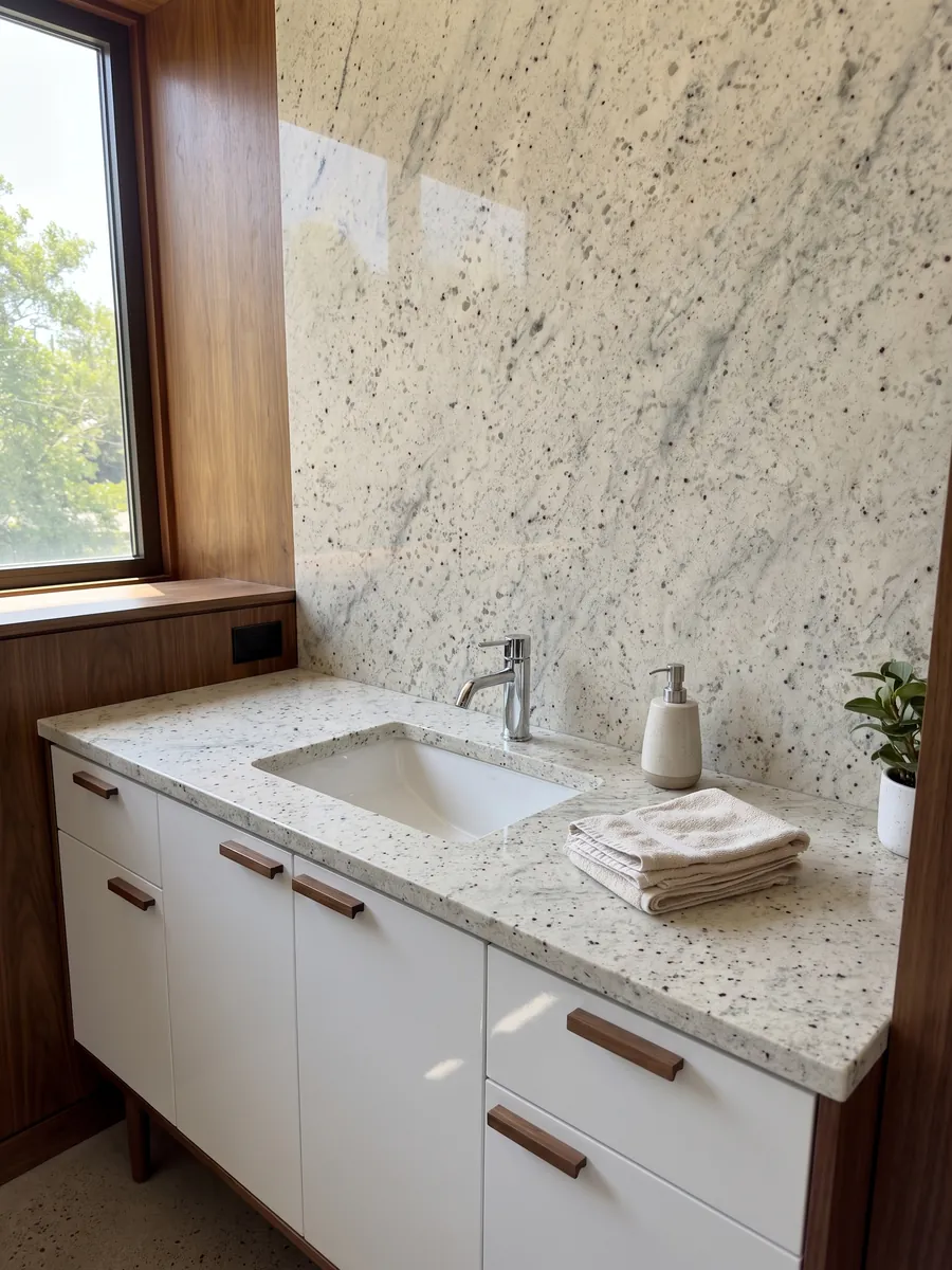 Vanity top and bathroom wall in Kashmir White granite with a white sink and chrome fixtures: ivory white with garnet dots and soft greenish-gray clouds
