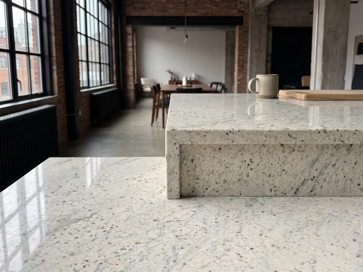 Kitchen island with a Kashmir White granite countertop and a straight edge in a kitchen with natural light: ivory white with garnet dots and soft gray-green clouds