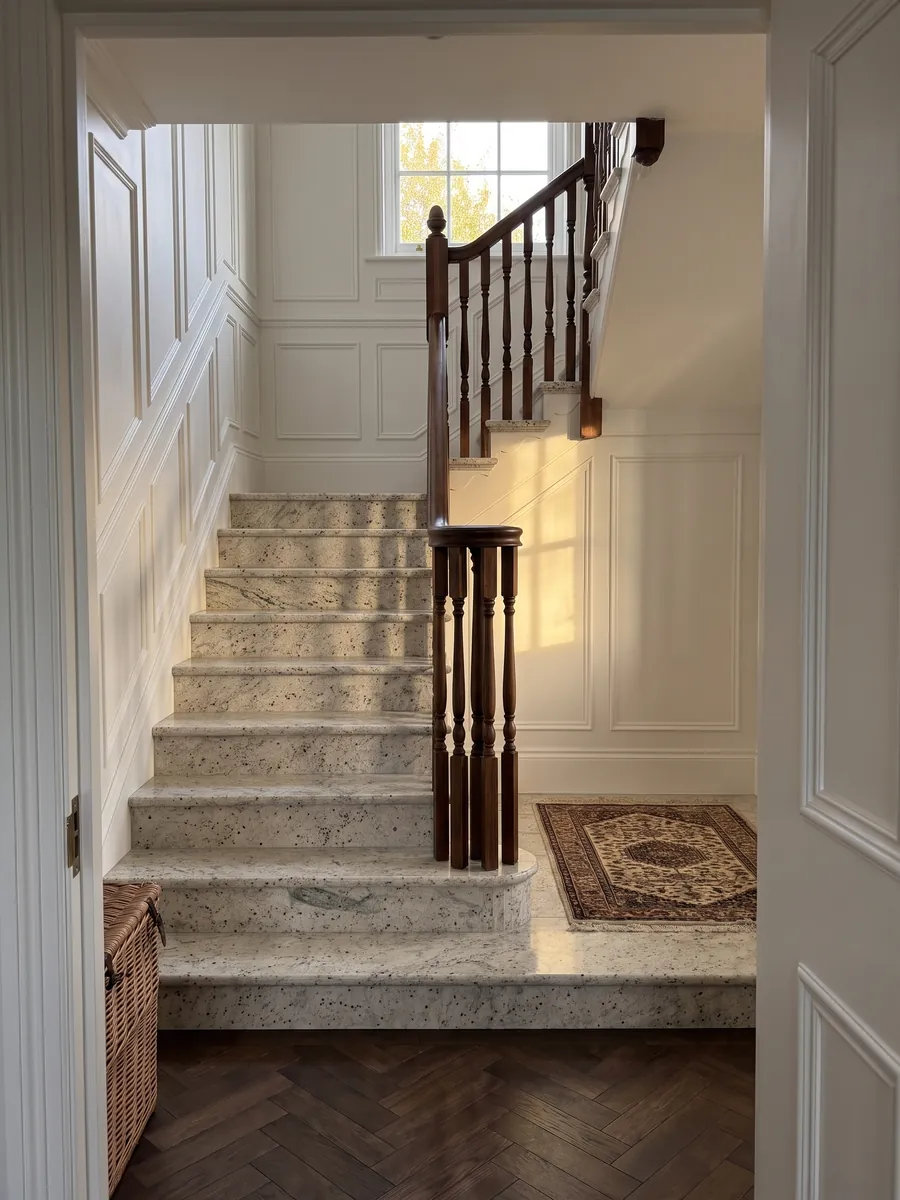 Interior staircase with Kashmir White granite treads and a handrail: ivory white with garnet dots and soft greenish-gray clouds