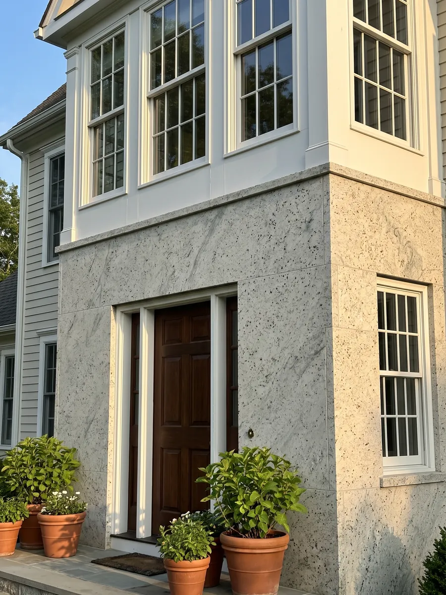House facade clad in Kashmir White granite next to a wood door: ivory white with garnet dots and soft greenish-gray clouds