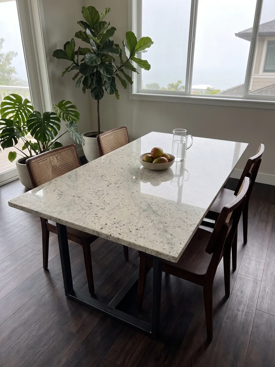 Dining table with a Kashmir White granite top on a steel base: ivory white with garnet dots and soft greenish-gray clouds
