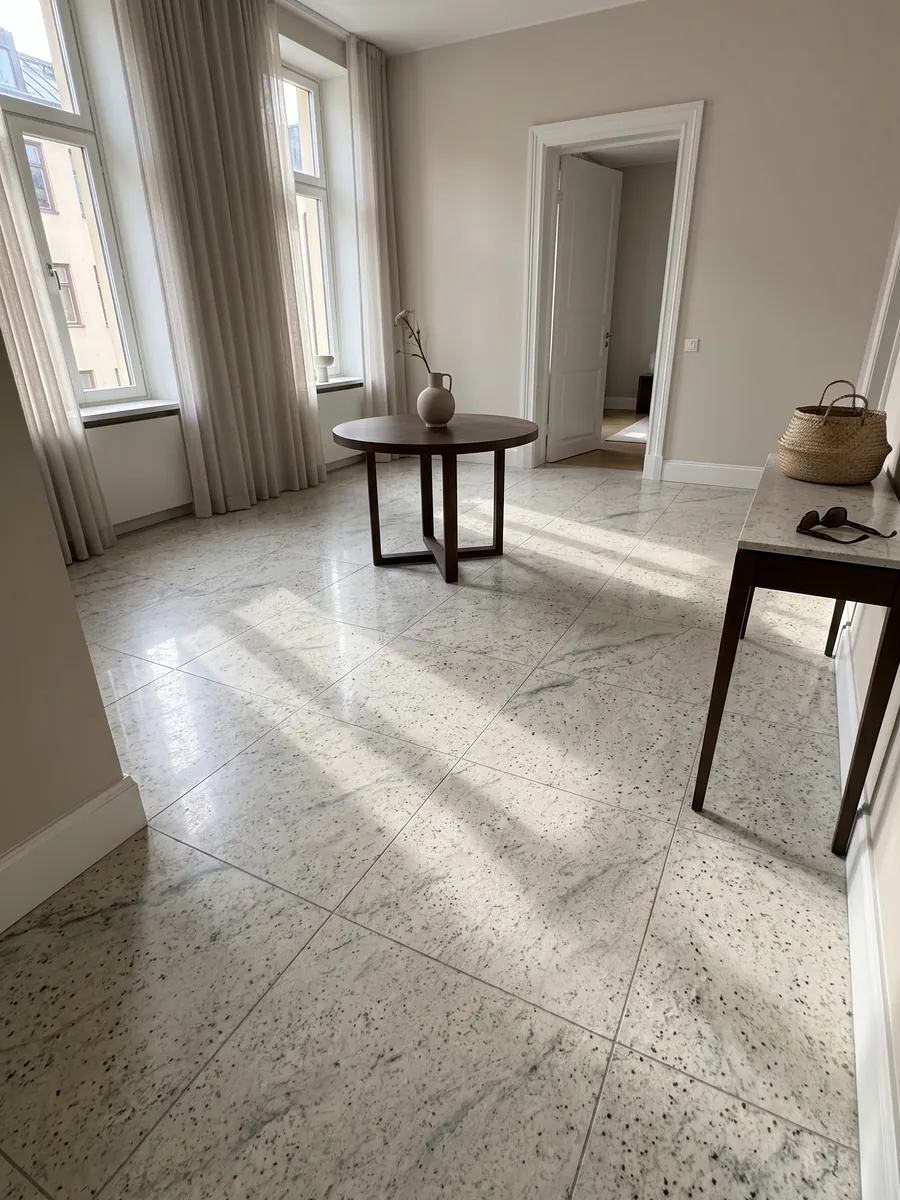 Entryway floor in large slabs of Kashmir White granite with natural light: ivory white with garnet dots and soft greenish-gray clouds
