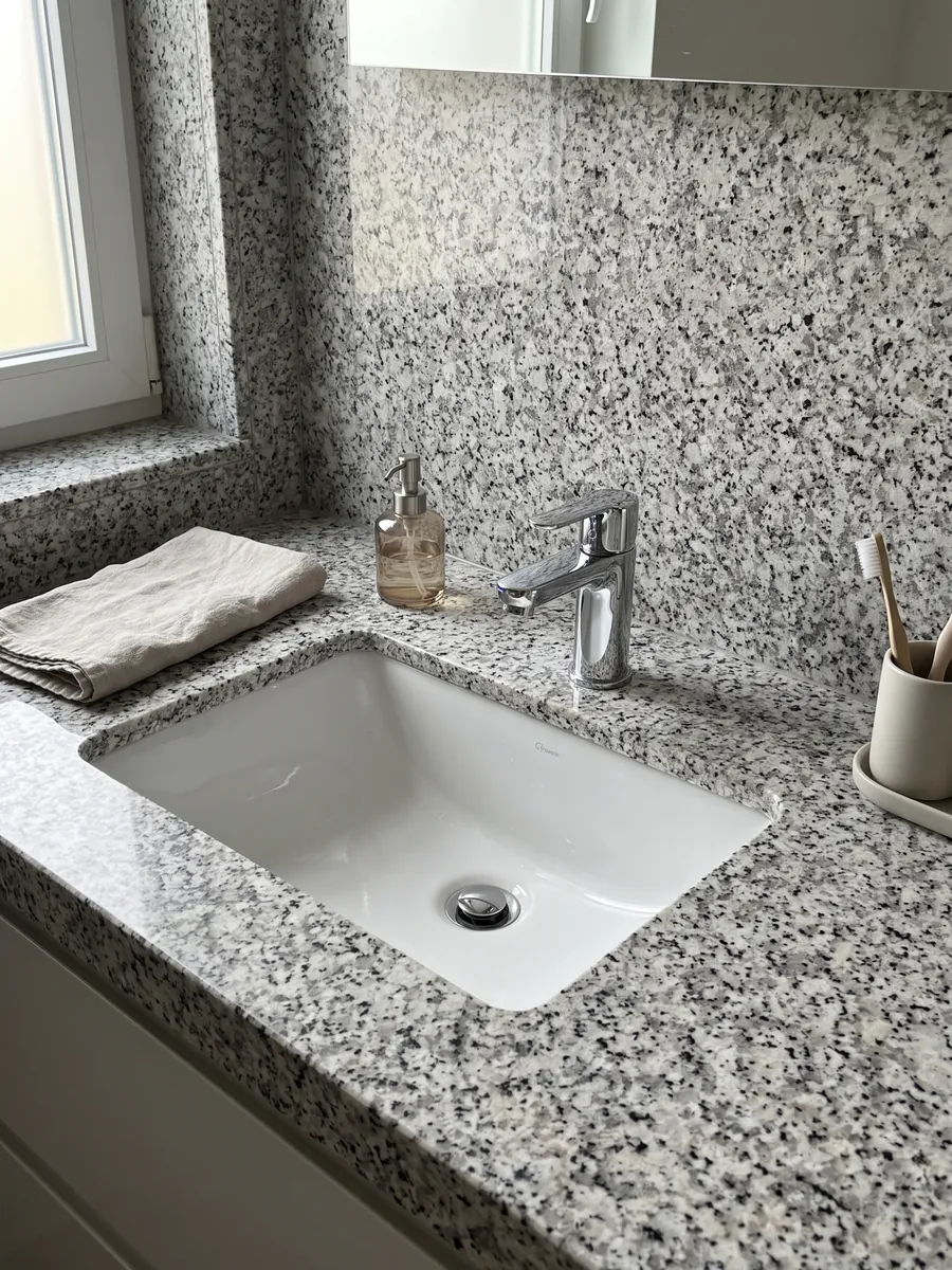 Vanity top and bathroom wall in white Bianco Sardo granite with a white sink and chrome faucets: coarse-grained white with gray and black crystals