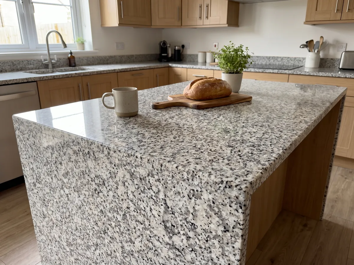 Kitchen island with a Bianco Sardo granite countertop and a straight edge in a kitchen with natural light: coarse-grained white with gray and black crystals