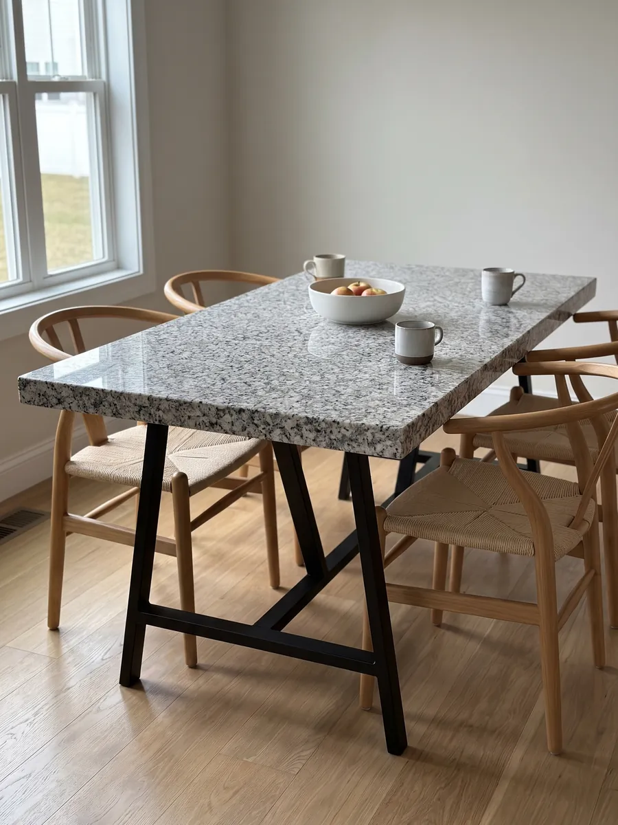Dining table with a white Bianco Sardo granite top on a steel base: coarse-grained white with gray and black crystals