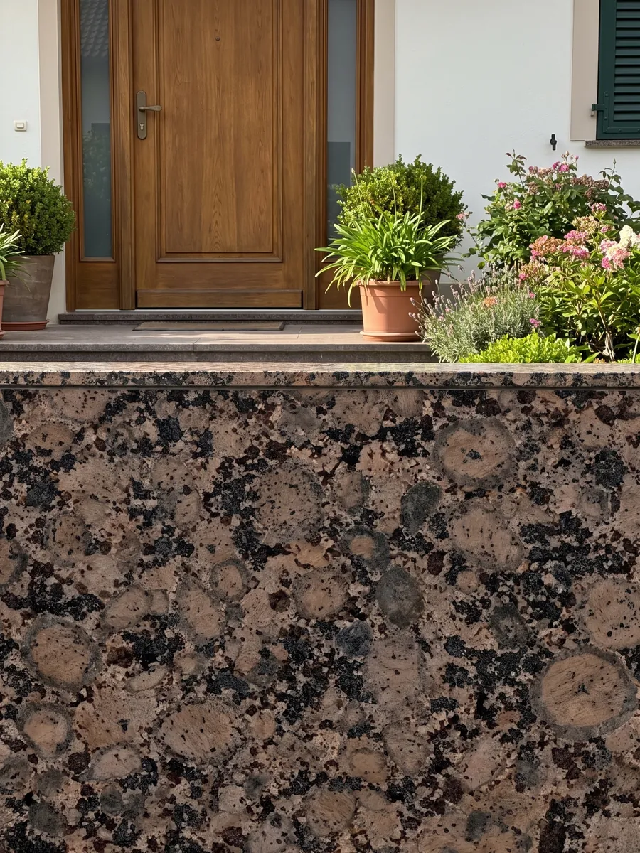 House facade clad in Baltic Brown granite next to a wooden door: round brown grains with rings over a speckled black background