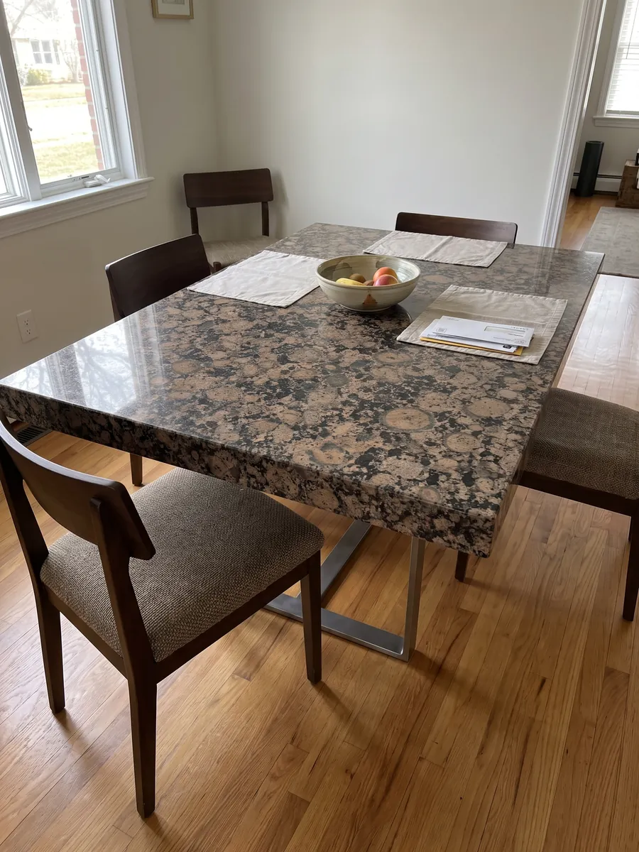 Dining table with a Baltic Brown granite top on a steel base: round brown grains with rings over a speckled black background