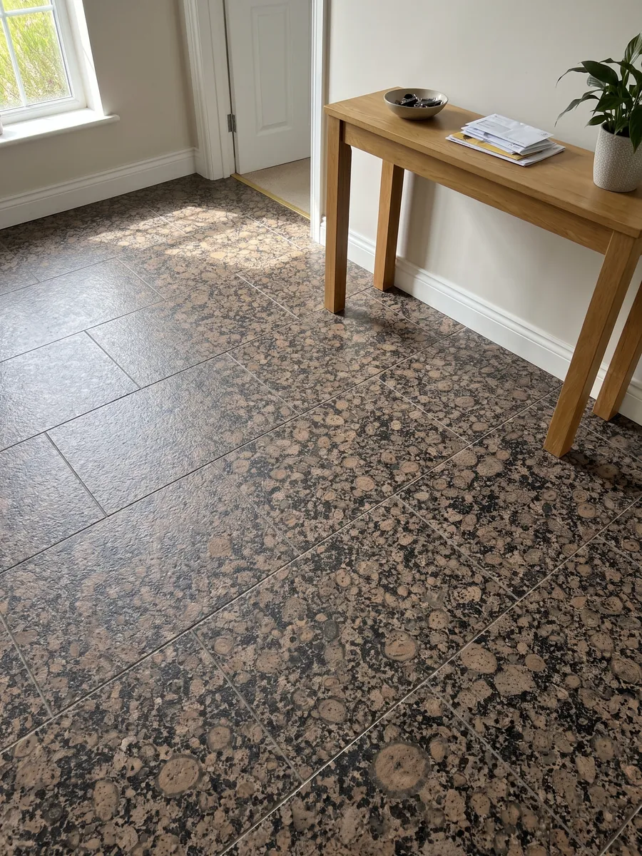 Entryway floor in large Baltic Brown granite slabs with natural light: round brown grains with rings over a speckled black background