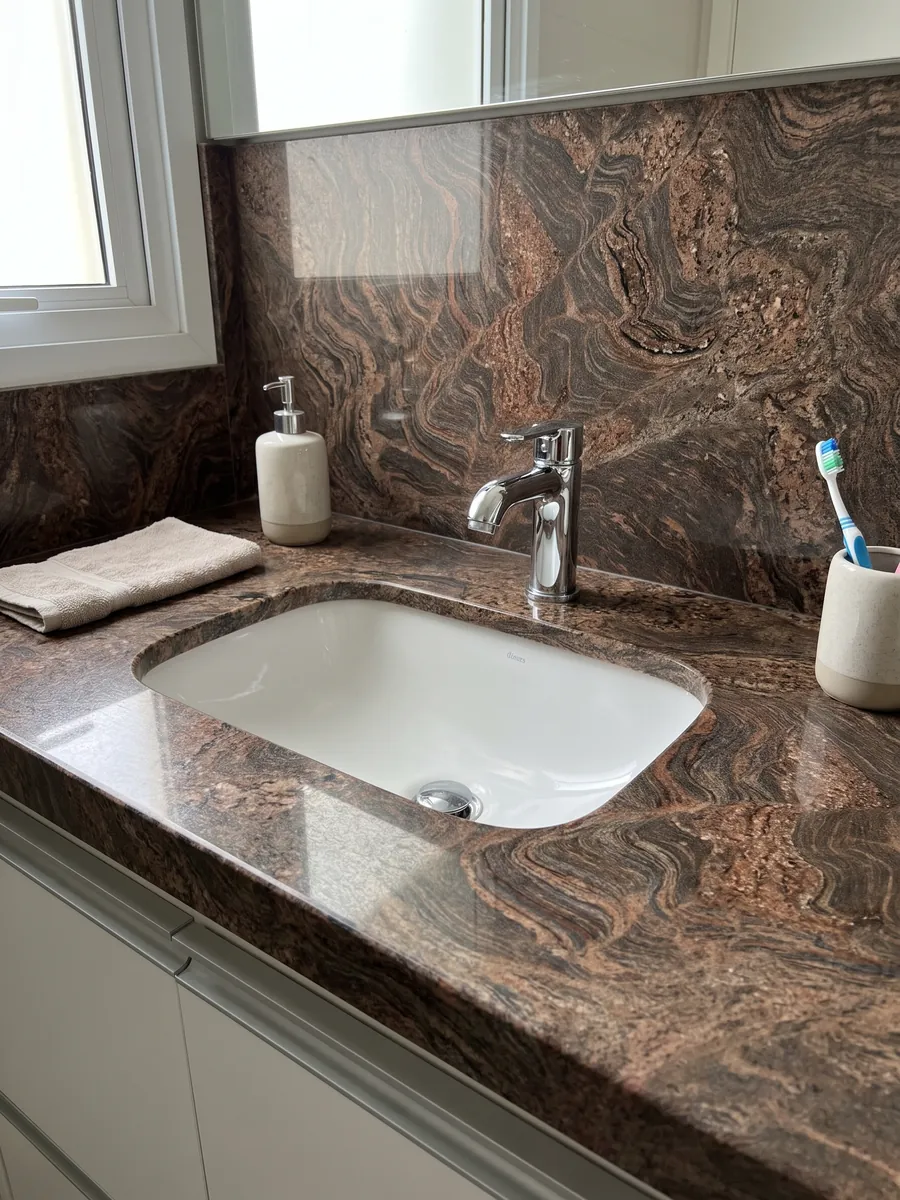 Bathroom vanity top and wall in Juparana Dourado granite with a white sink and chrome faucets: ocher brown with very busy reddish waves and swirls