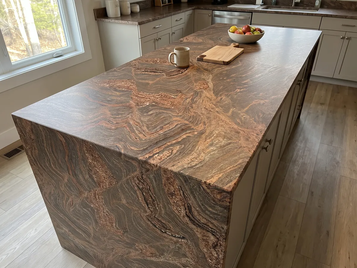 Kitchen island with a Juparana Dourado granite countertop and a straight edge in a kitchen with natural light: ocher brown with very busy reddish waves and swirls
