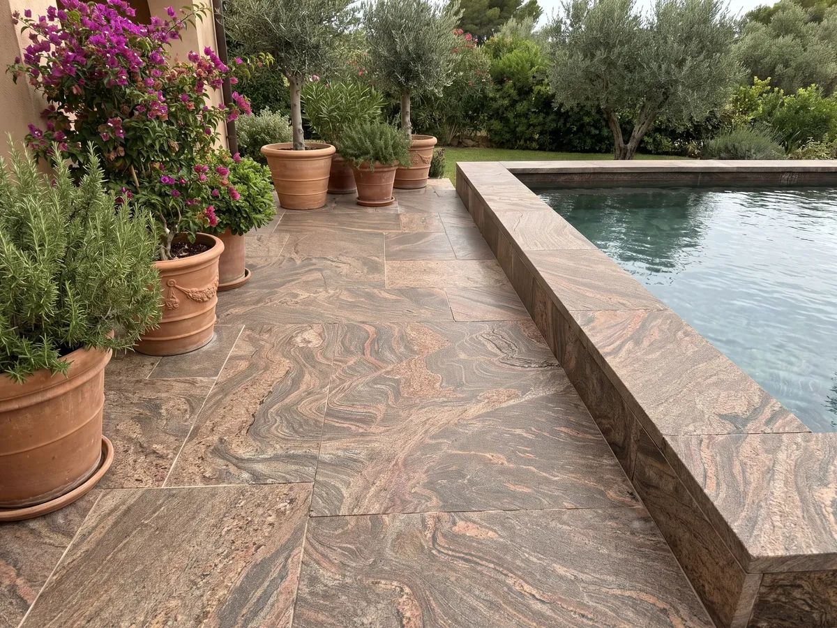 Terrace floor and pool coping in Juparana Dourado granite with planters: ocher brown with very busy reddish waves and swirls