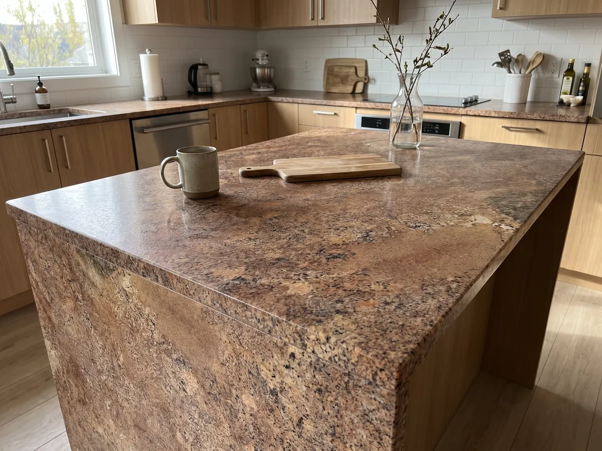 Kitchen island with a Juparana Florence granite countertop and a straight edge in a kitchen with natural light: grainy coppery brown with soft beige areas