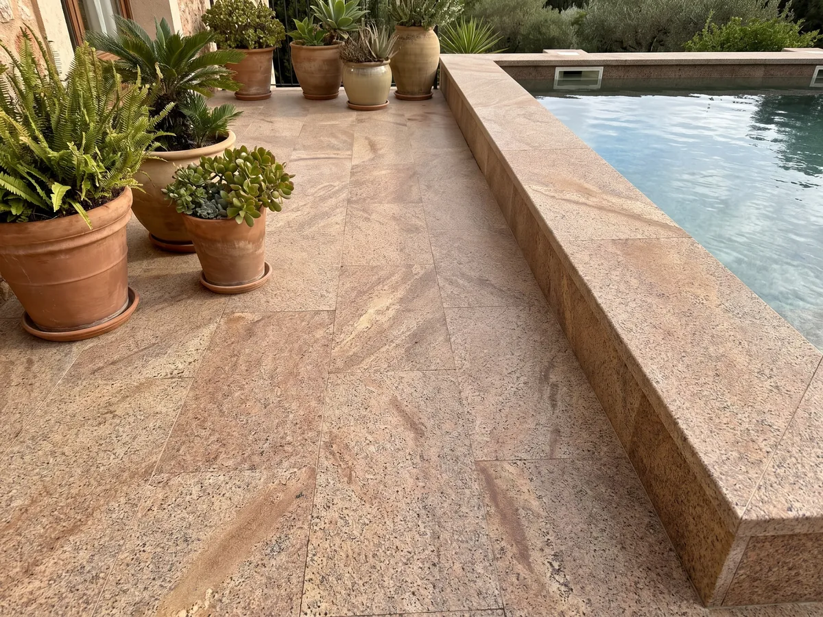 Terrace floor and pool coping in Juparana Florence granite with planters: grainy coppery brown with diffuse beige areas