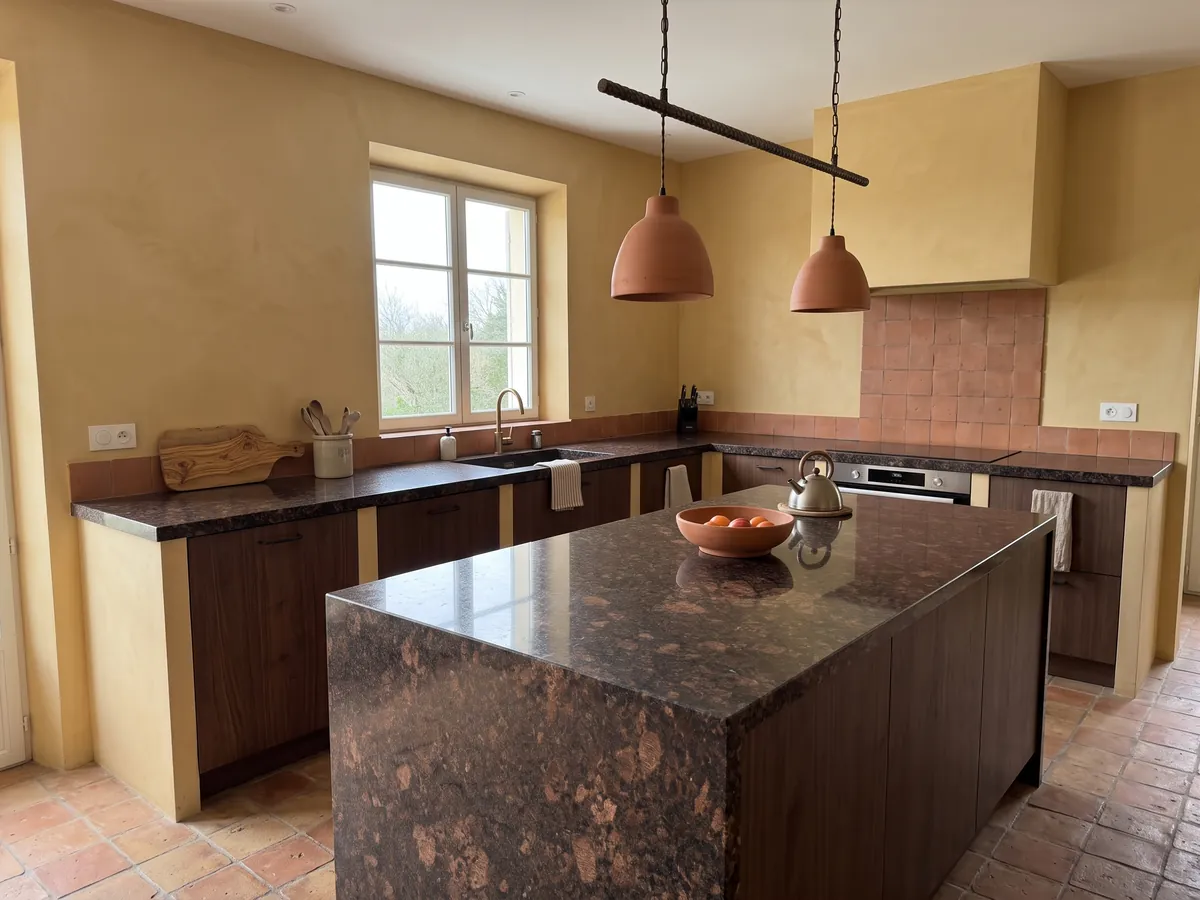 Kitchen island with a Tan Brown granite countertop and a straight edge in a kitchen with natural light: chocolate brown with large copper blotches and black dots