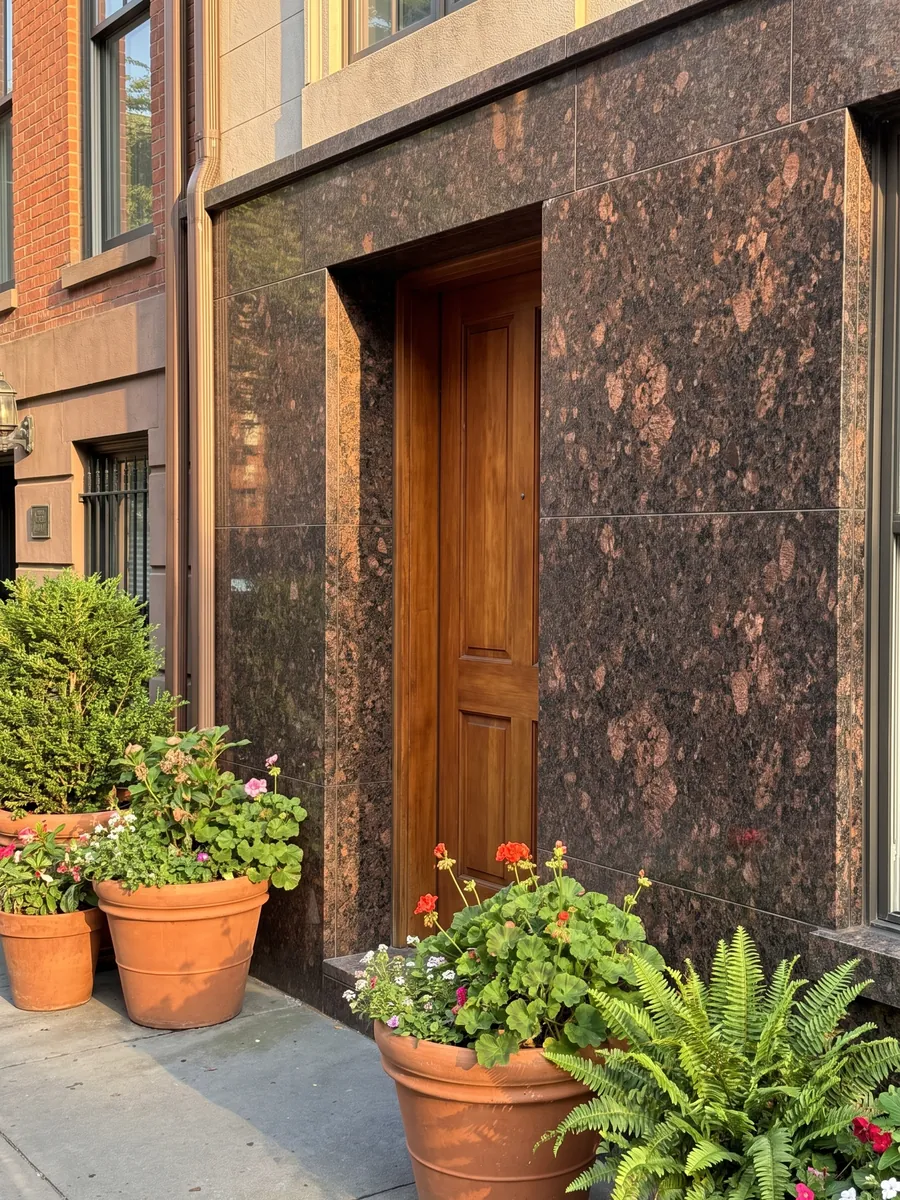 House facade clad in Tan Brown granite beside a wooden door: chocolate brown with large copper patches and black dots
