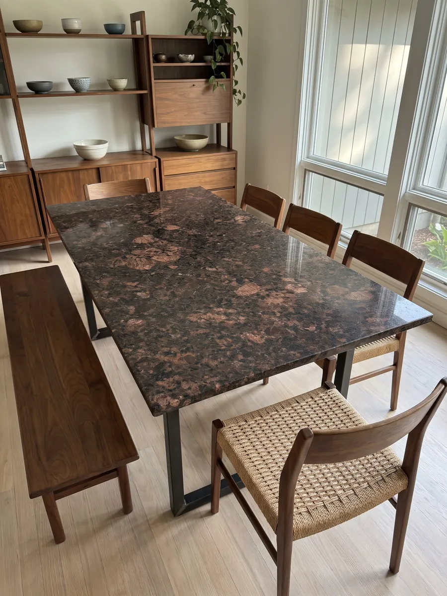 Dining table with a Tan Brown granite top on a steel base: chocolate brown with large copper patches and black dots