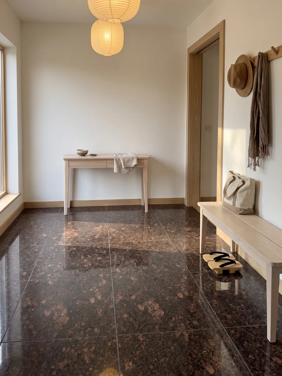 Entryway floor in large slabs of Tan Brown granite in natural light: chocolate brown with large copper patches and black dots