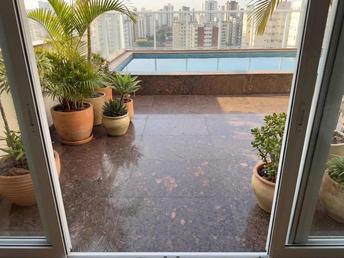 Terrace floor and pool edge in Tan Brown granite with planters: chocolate brown with large copper patches and black dots