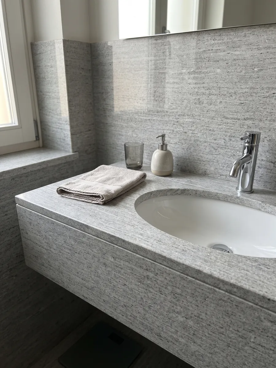 Vanity top and bathroom wall in gray Beola Bianca granite with a white sink and chrome faucets: light gray with fine horizontal striping and small glints