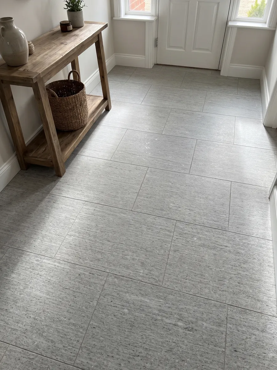 Entryway floor in large gray Beola Bianca granite slabs with natural light: light gray with fine horizontal striping and small glints